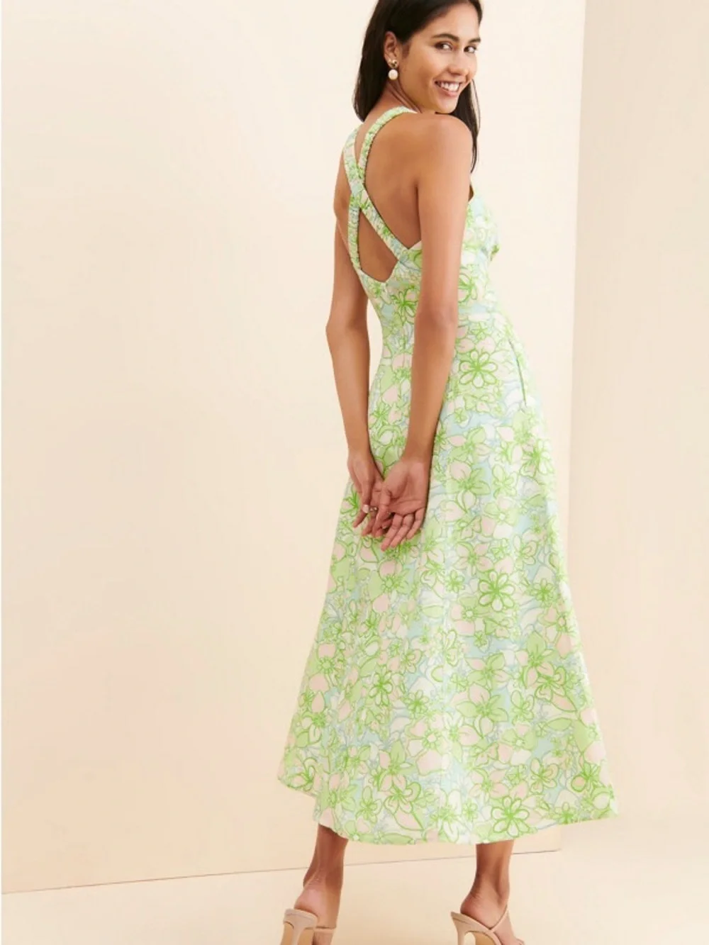 C/MEO Far Away Drop Waist Light Green Floral Midi Dress with Cutout Size Medium - Picture 3 of 8